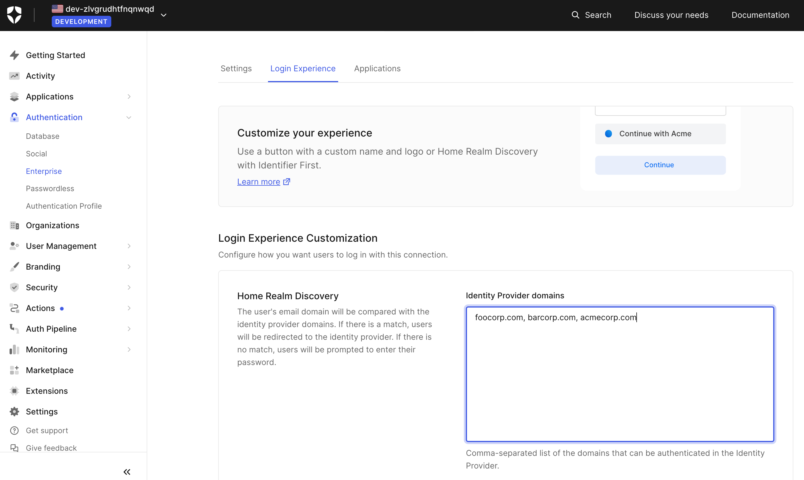 Add domains for Home Realm Discovery in Auth0